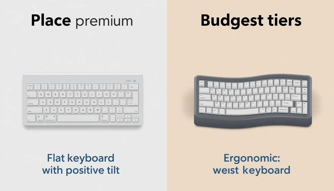 Comparison of standard flat keyboard versus ergonomic wave keyboard wrist position for remote work in 2026