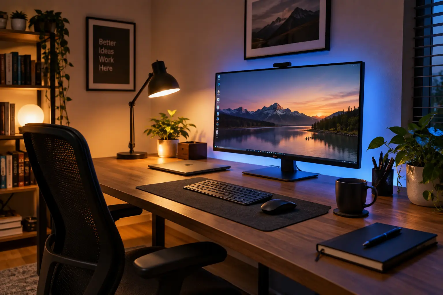 Home office desk with layered lighting including a bias light strip behind the monitor to reduce eye strain