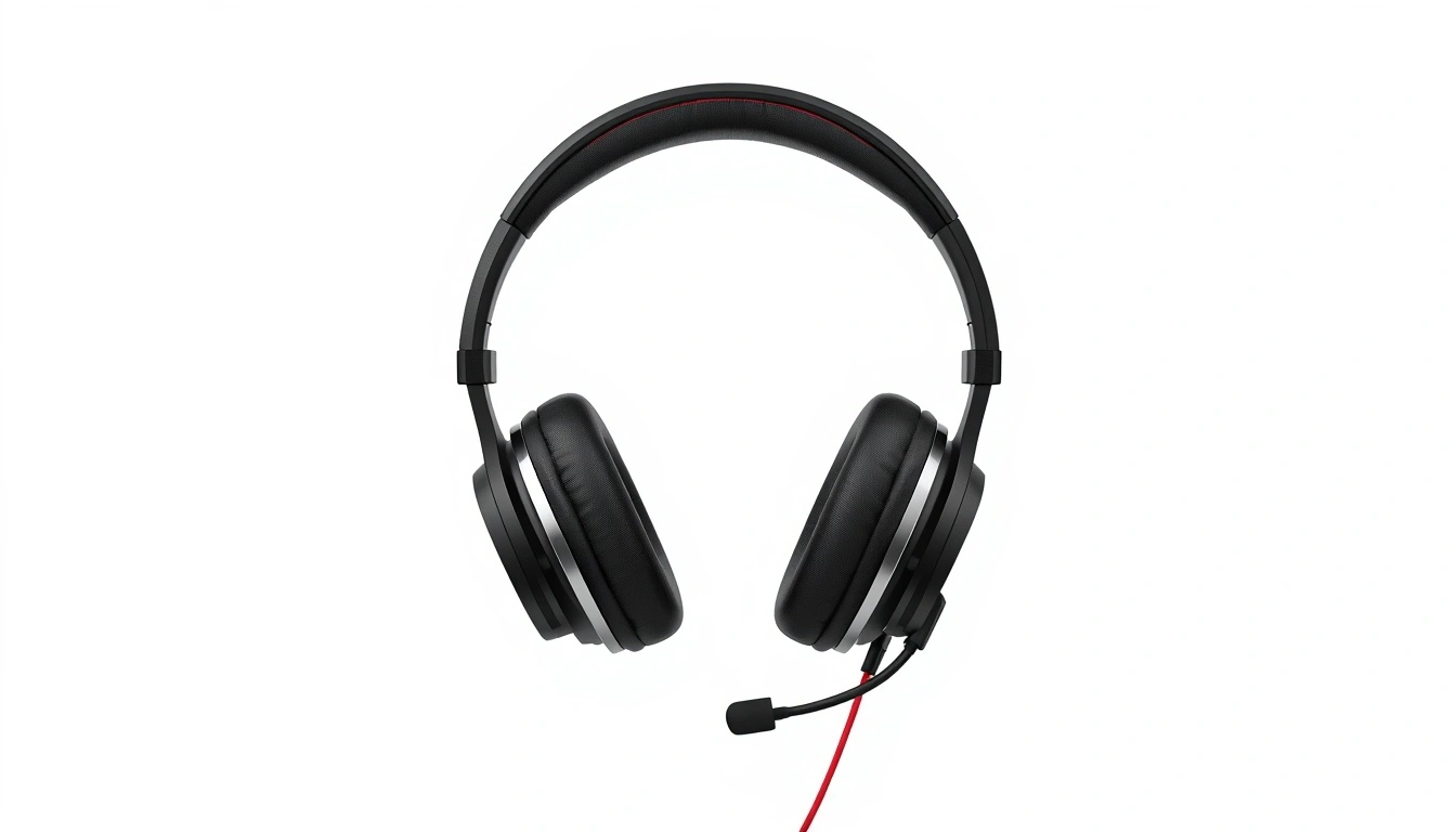 A pair of over-ear noise-cancelling headsets resting on a desk next to a laptop