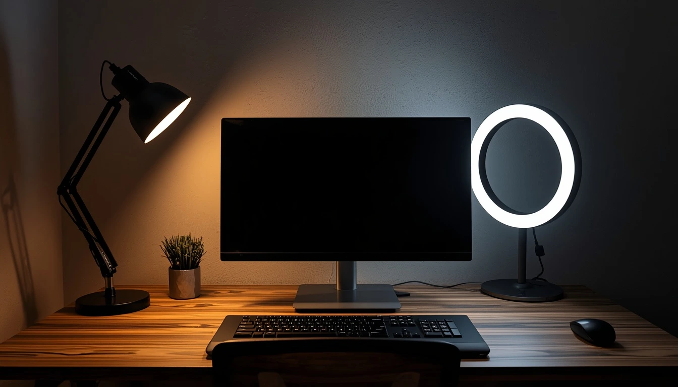 Home office desk positioned perpendicular to a window with natural light and a warm desk lamp — lighting setup 2026