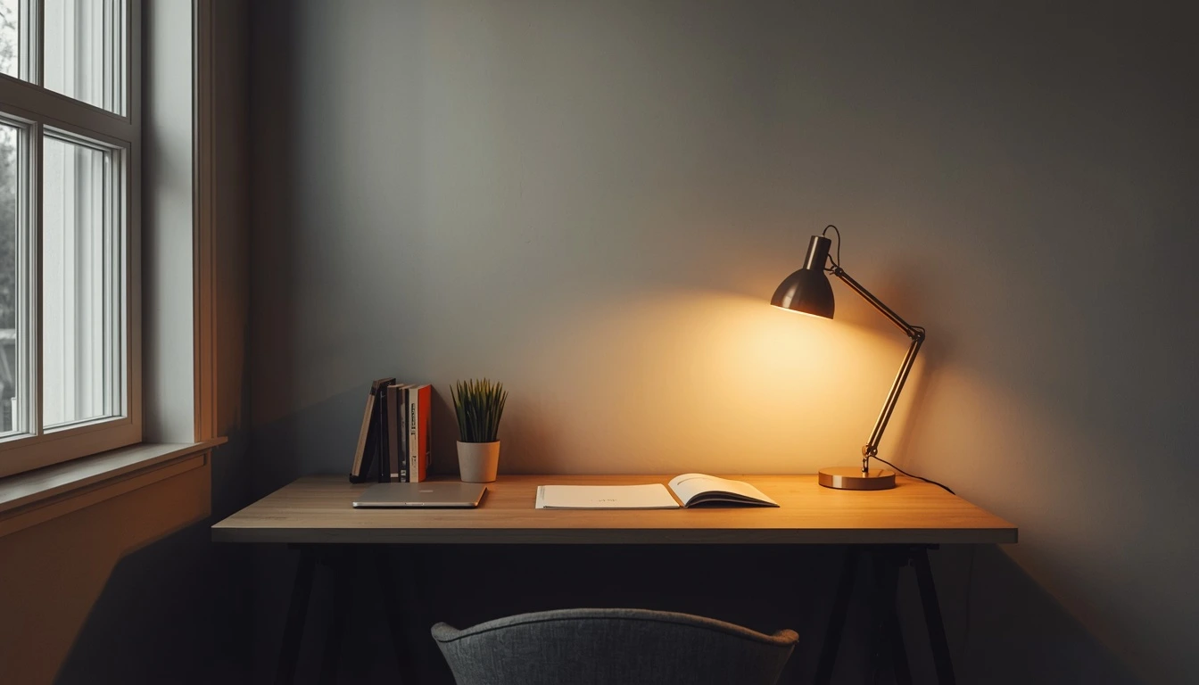 Layered lighting setup in a home office showing ambient, task, and video call lighting sources in 2026