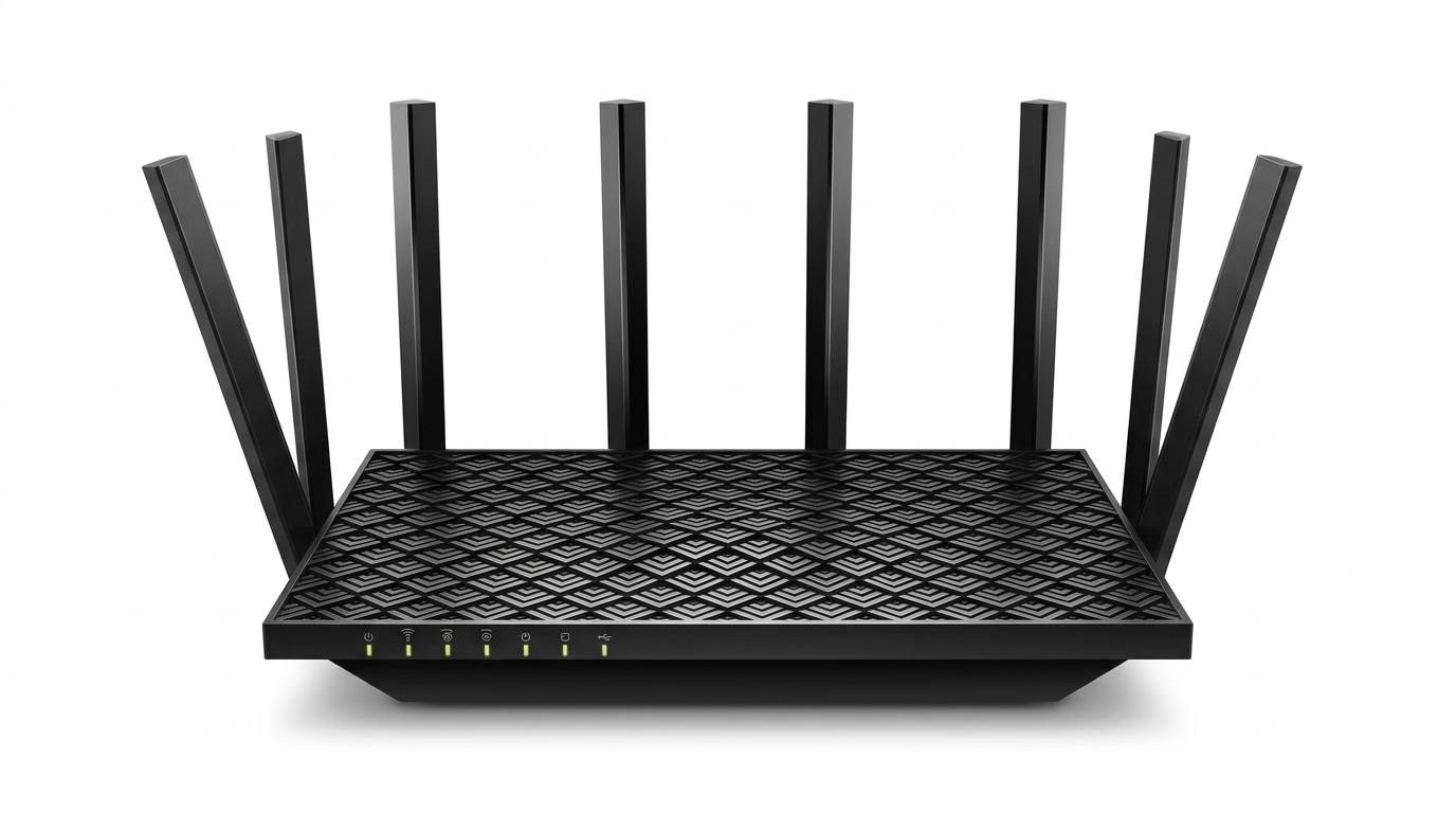 Wi-Fi 6 router set up on a desk in a home office