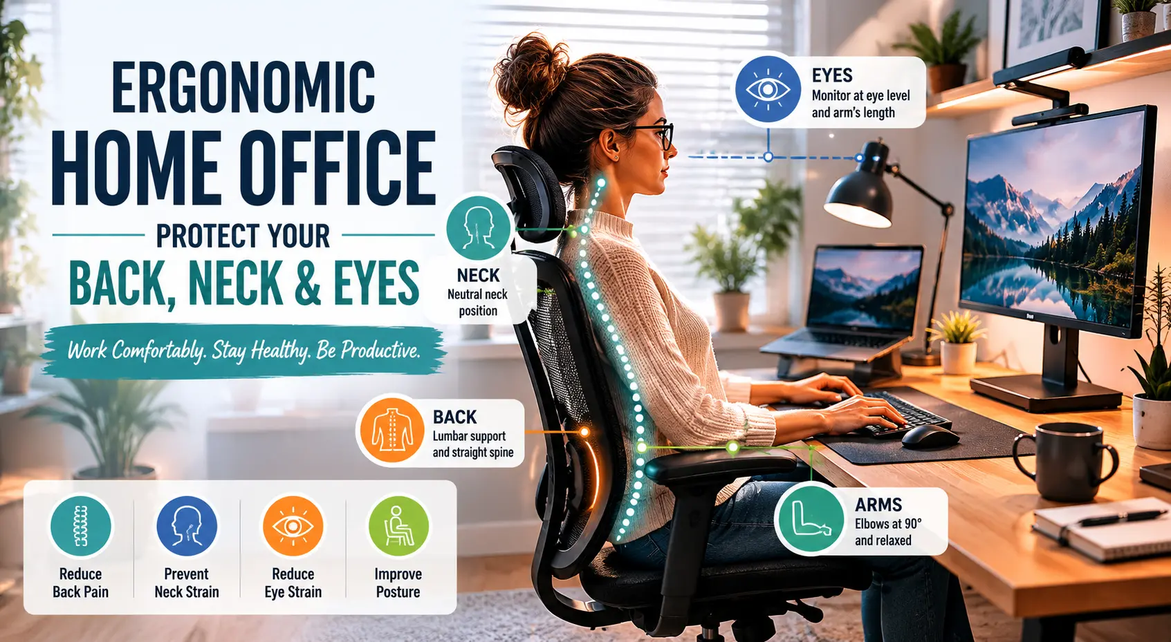 Ergonomic home office setup showing correct posture for back, neck and eyes 2026