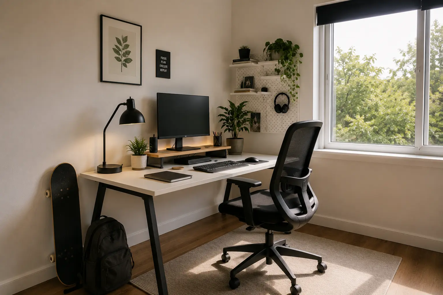 Affordable remote work desk, chair, and monitor setup