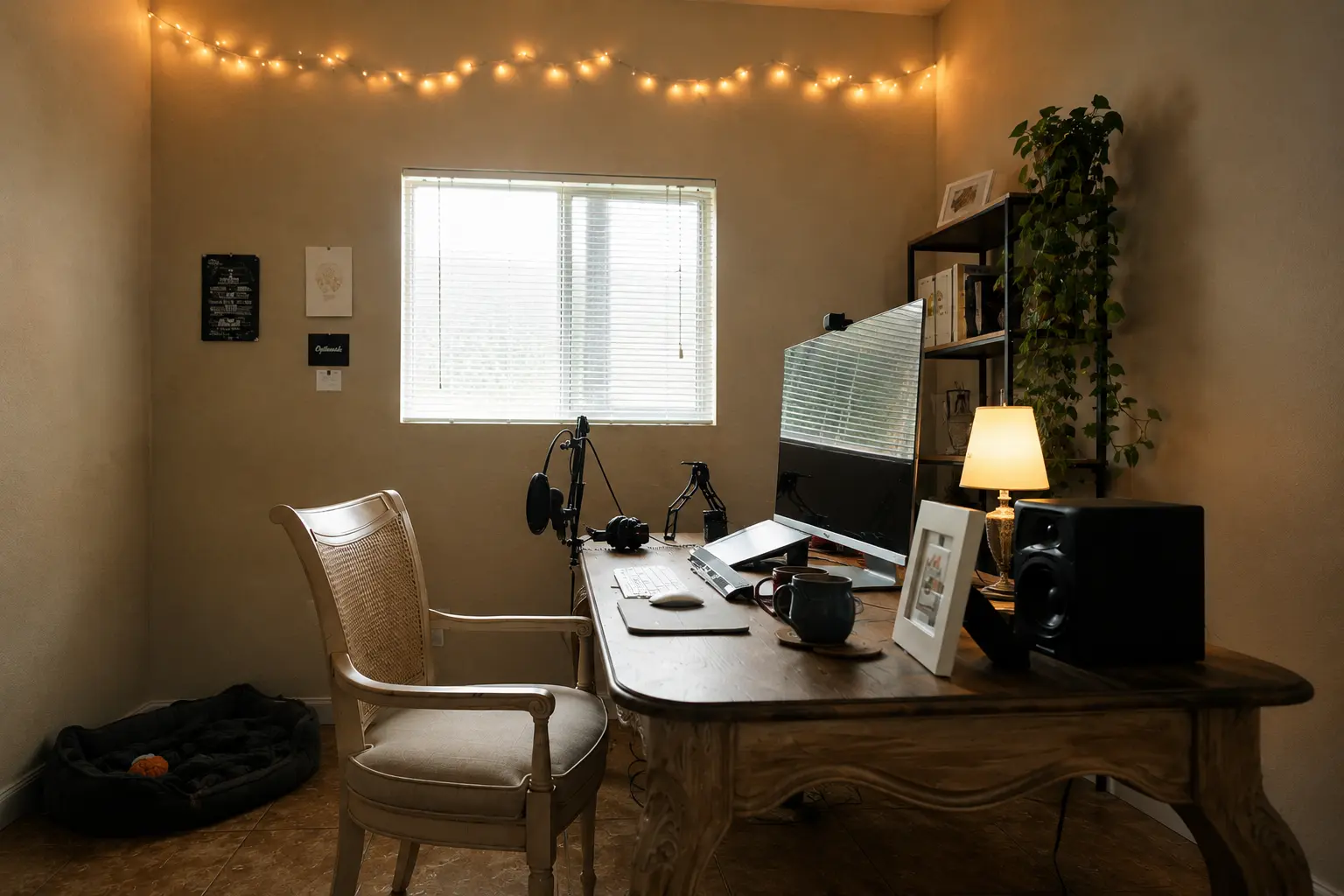 Budget home office desk setup with lighting