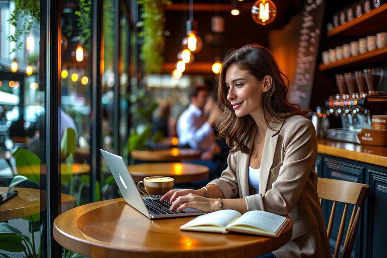 Laptop, coffee, and work essentials on a cafe table