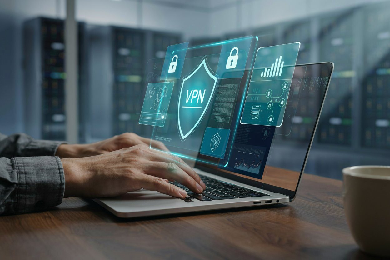 Remote worker securing laptop with VPN — close up of secure home office setup 2026