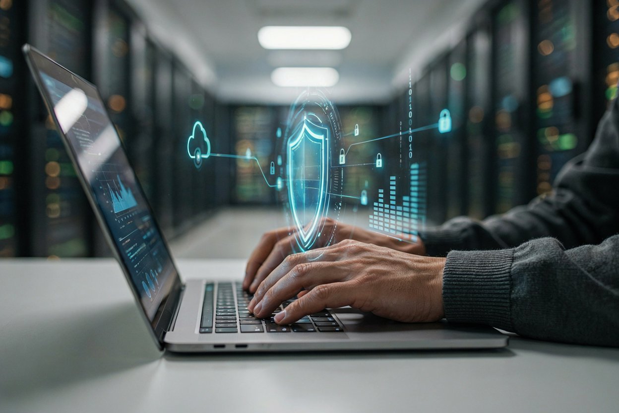 Close up of VPN security on a remote work laptop setup 2026