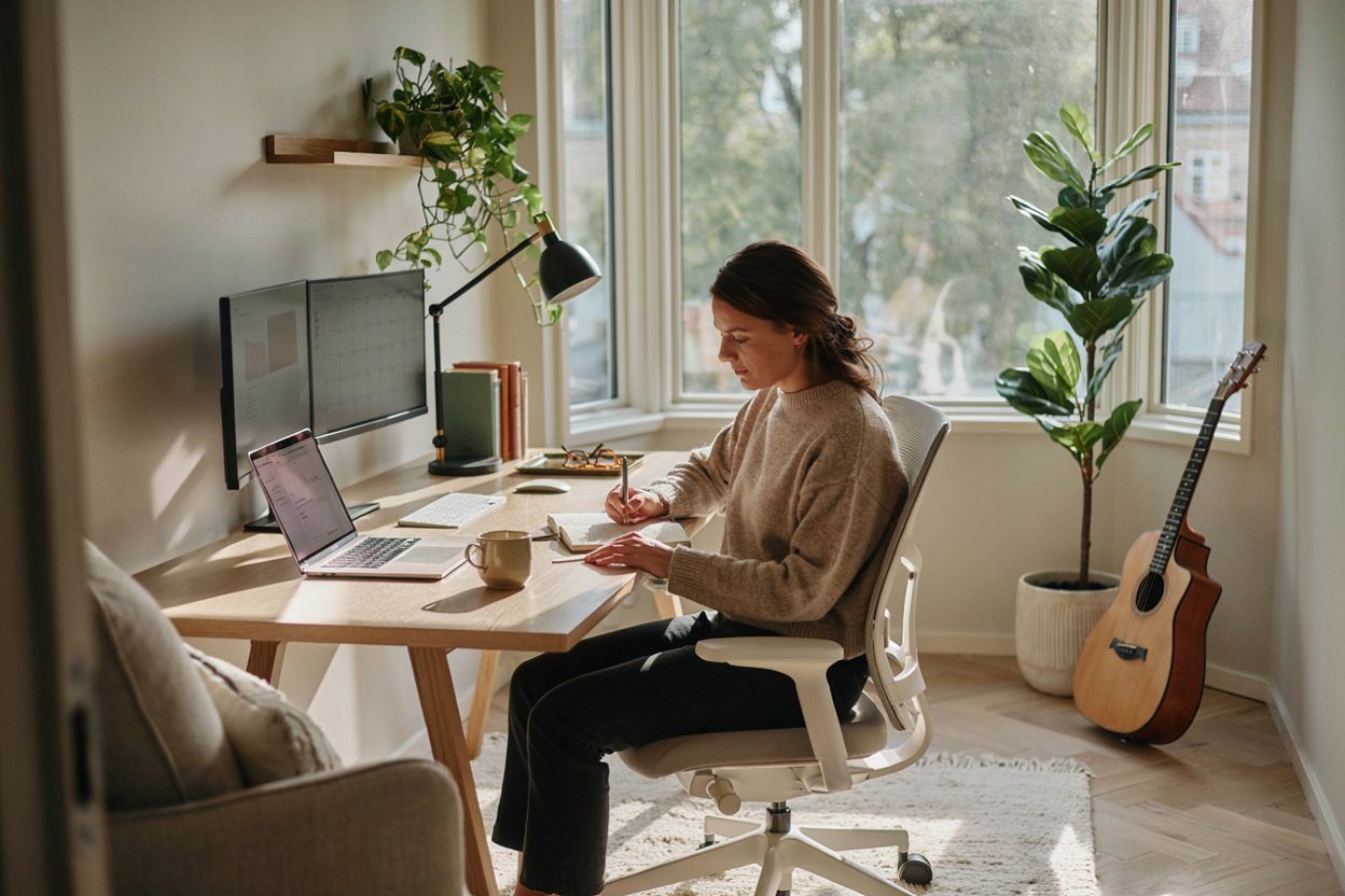 Correct ergonomic monitor and desk positioning for remote work — protecting neck and eyes 2026