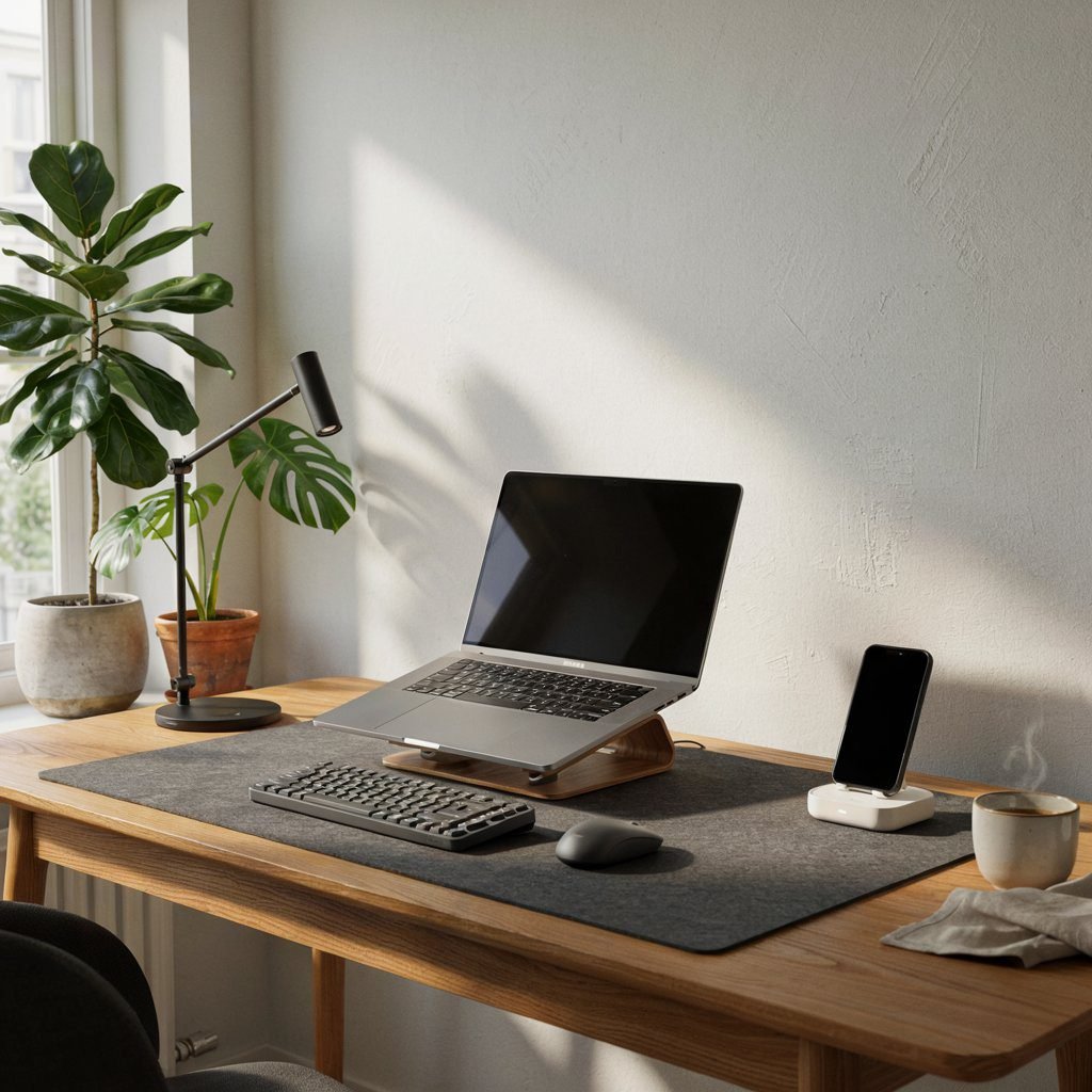 Ergonomic home office desk setup with laptop stand and external keyboard 2026