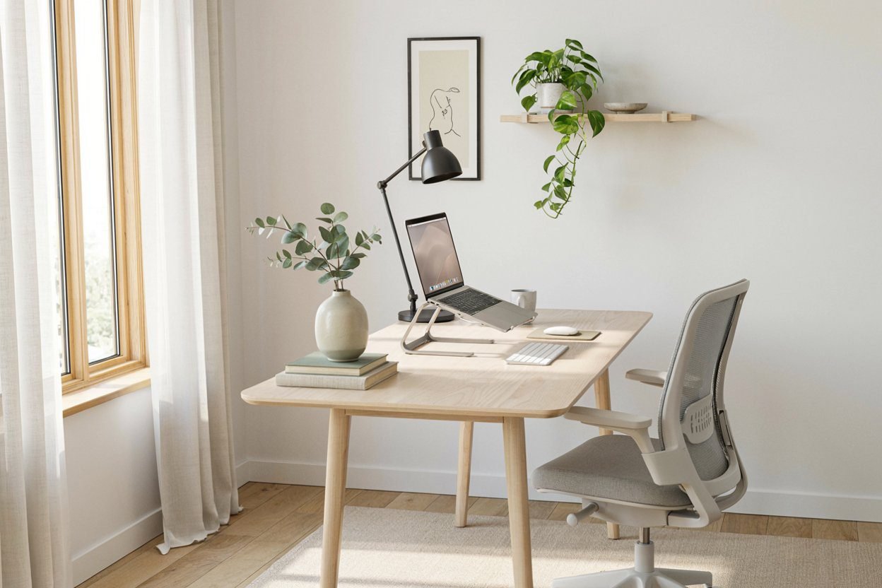 Work from home desk setup with laptop stand — ergonomic remote office 2026