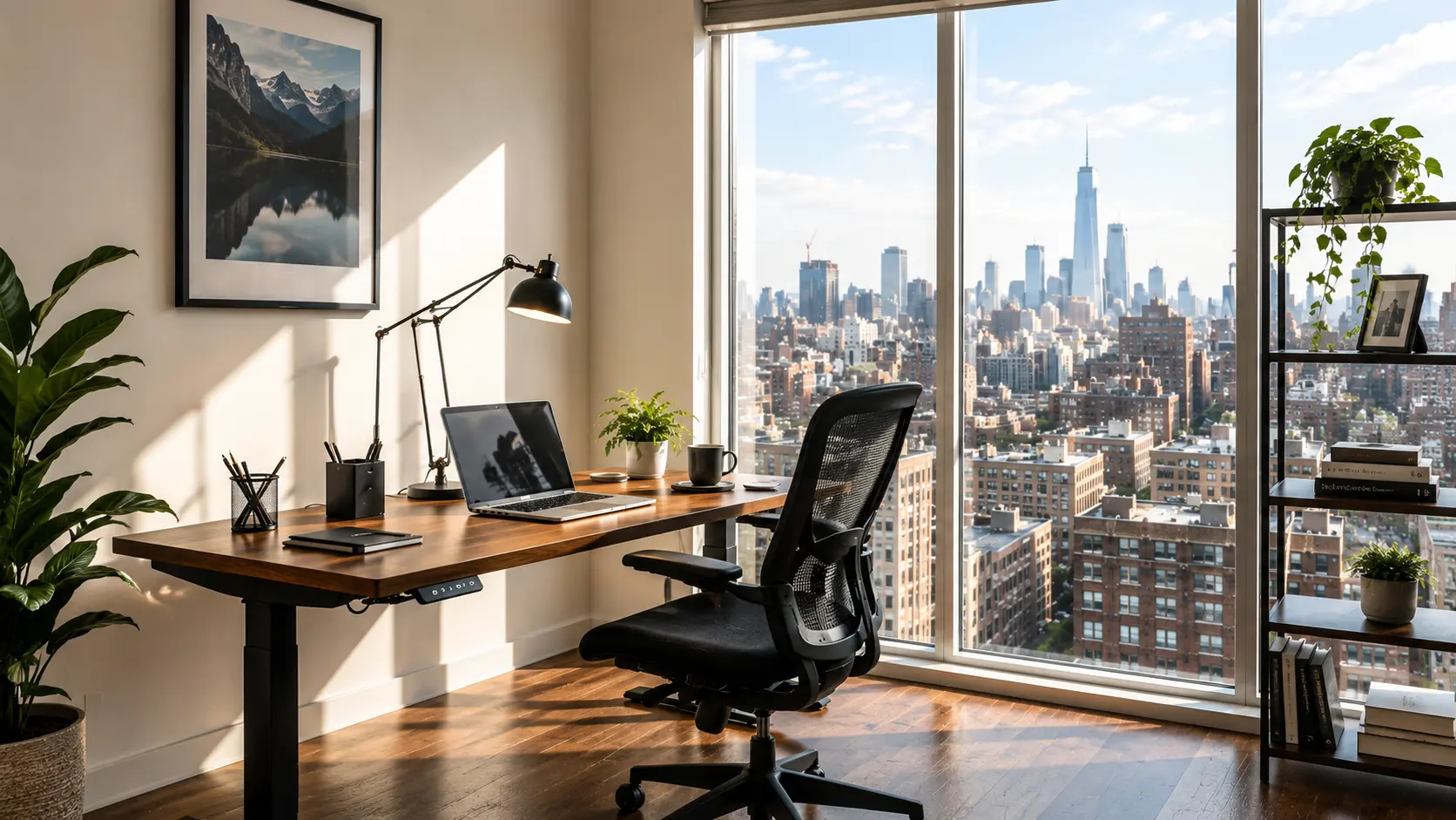 Small apartment home office setup in a studio — corner desk with laptop, plant, and simple lighting in a compact space 2026