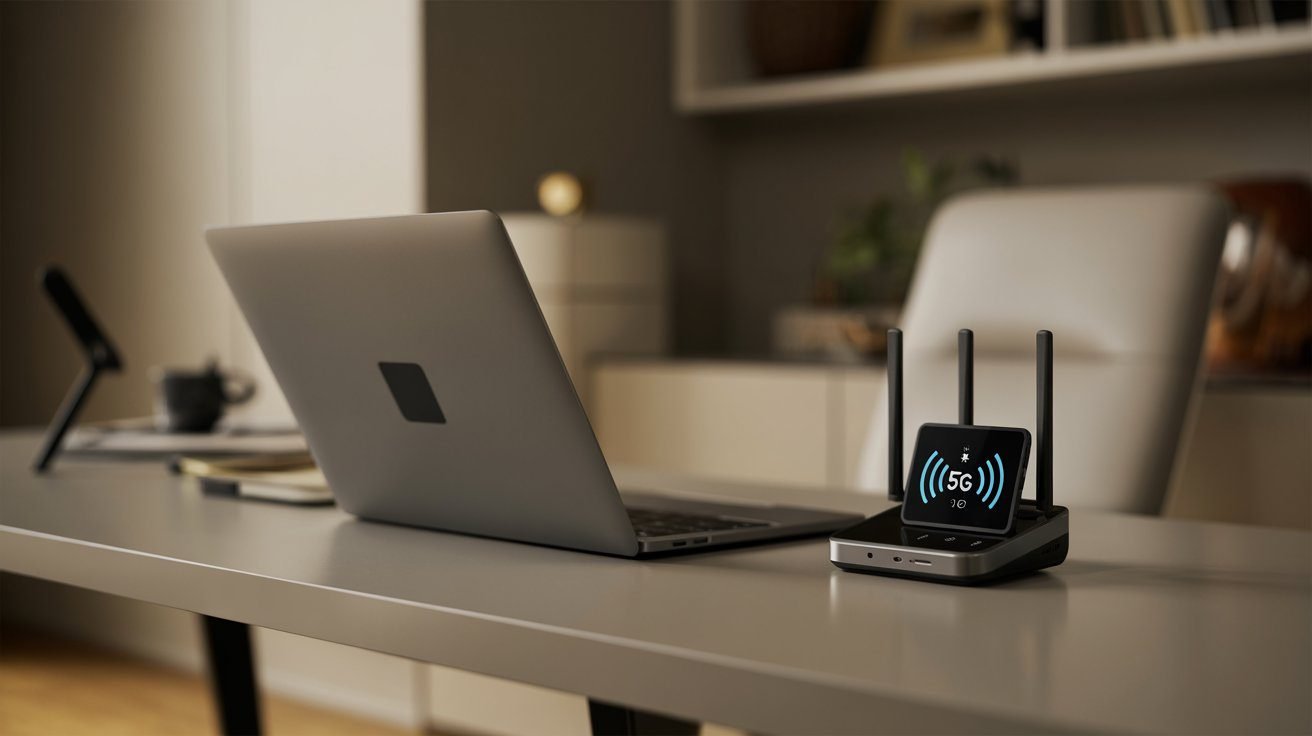 Mobile hotspot with 5G display screen sitting next to a laptop on a home office desk — backup internet setup for remote work