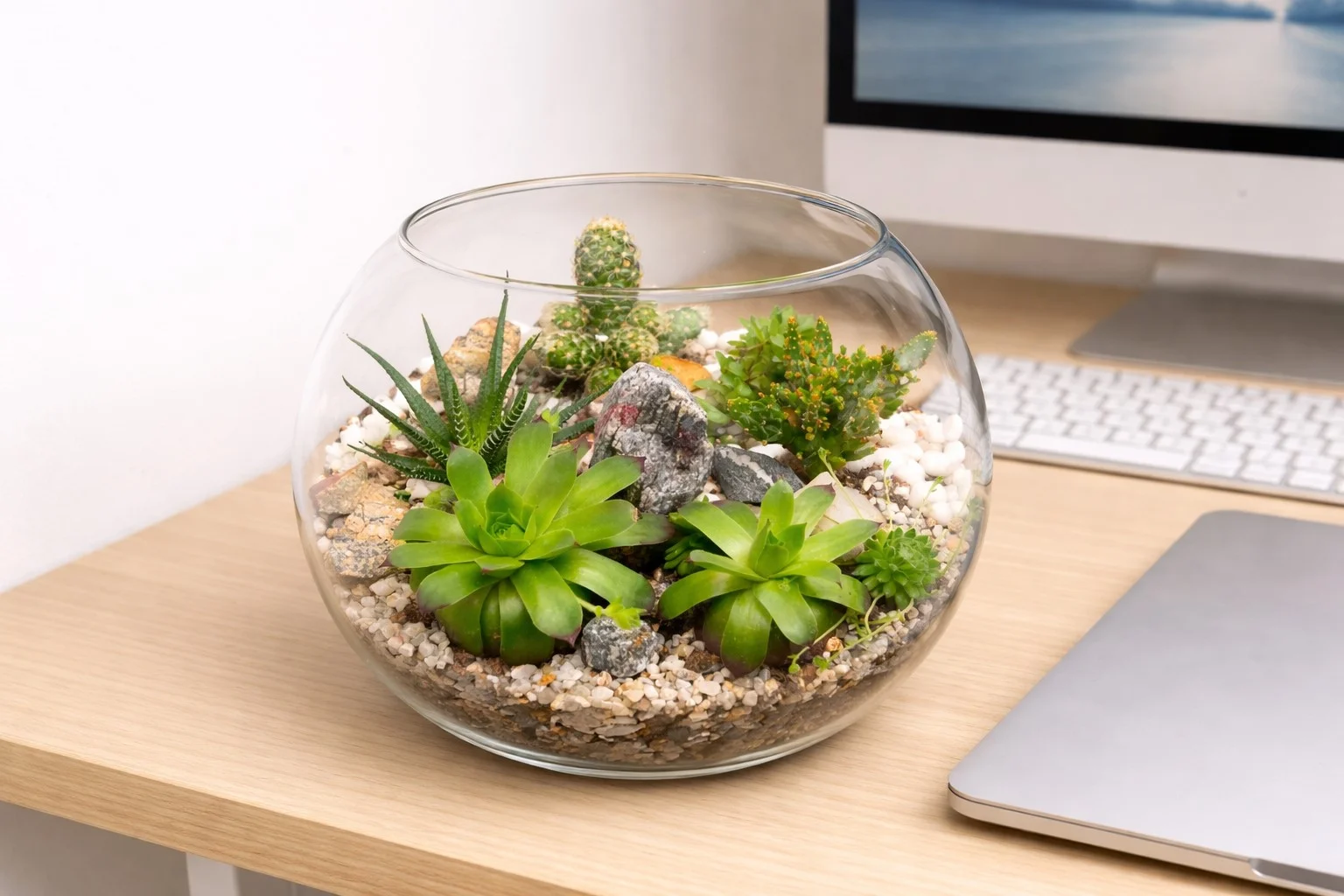 Glass terrarium bowl with succulents and cacti on a wooden desk beside a monitor and laptop