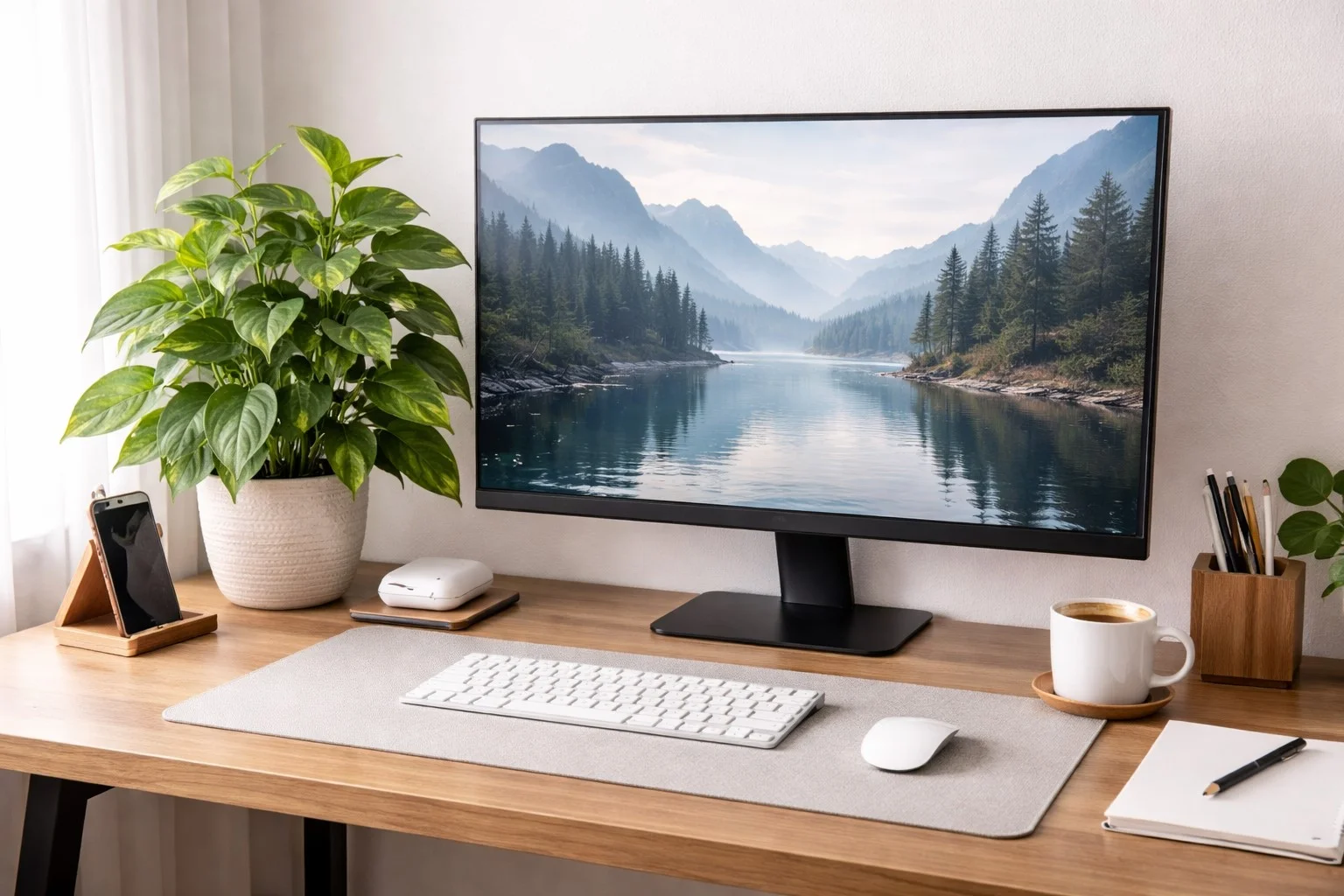 Wooden desk with a monitor showing a mountain lake wallpaper, keyboard, mouse, coffee mug, and potted plant