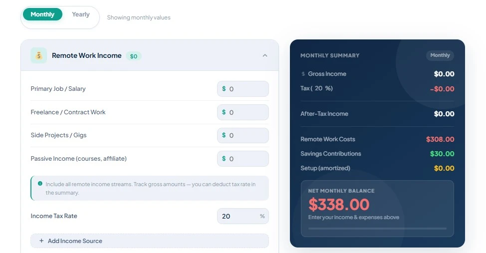 Remote work income calculator interface showing income fields, tax rate, and a monthly financial summary panel