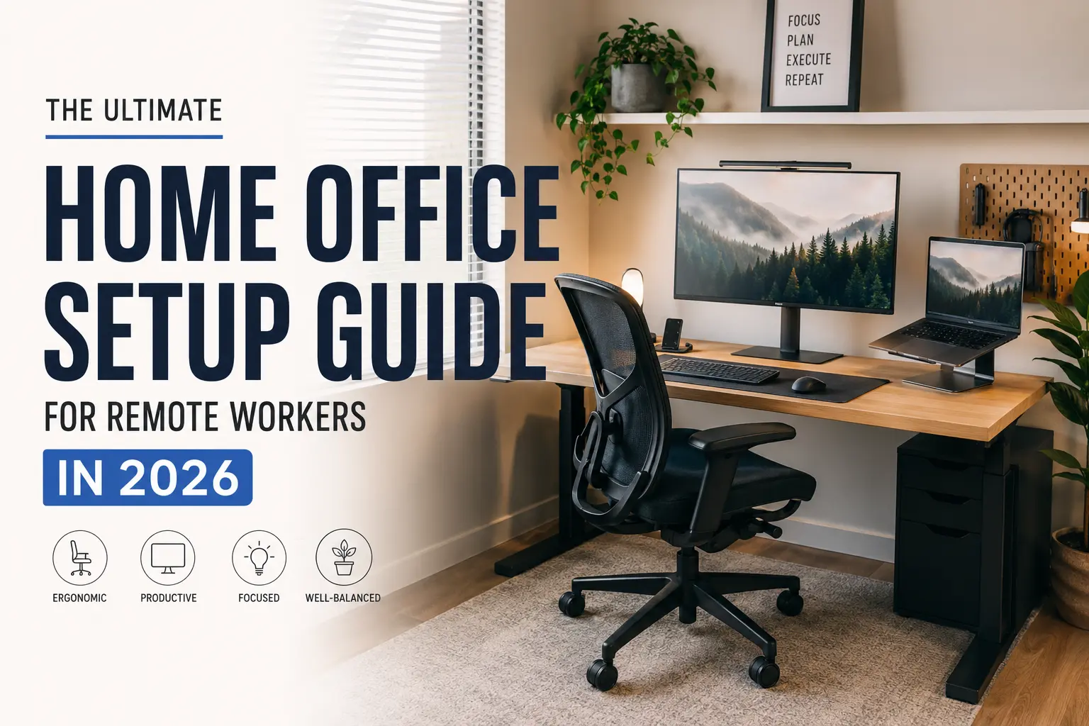 Infographic titled "The Ultimate Home Office Setup Guide for Remote Workers in 2026" showing a desk with a monitor, laptop, and mesh chair