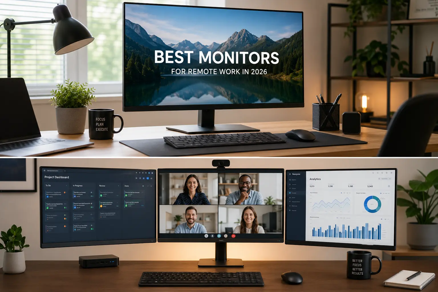Collage showing a single wide monitor and a triple-monitor setup with text "Best Monitors for Remote Work in 2026"