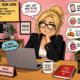 Illustrated woman daydreaming at her desk with distraction thought bubbles about phone, snacks, and shopping