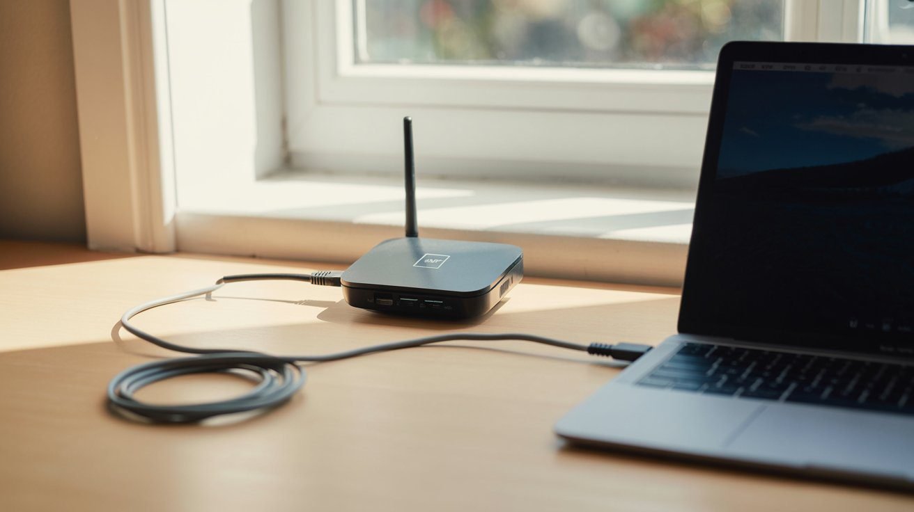 Small black hotspot device with antenna connected to a laptop by USB cable