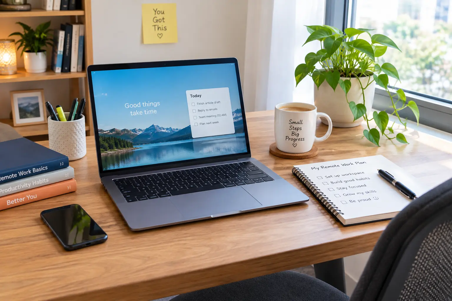 Cozy remote work desk setup with a laptop, notebook, and coffee — a simple, functional workspace for someone new to working from home