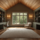 Home office with sage green built-in shelving and desks on both sides, a vaulted wood plank ceiling, a large multi-pane window with greenery outside, brass wall sconces, and a cream armchair on a neutral area rug.
