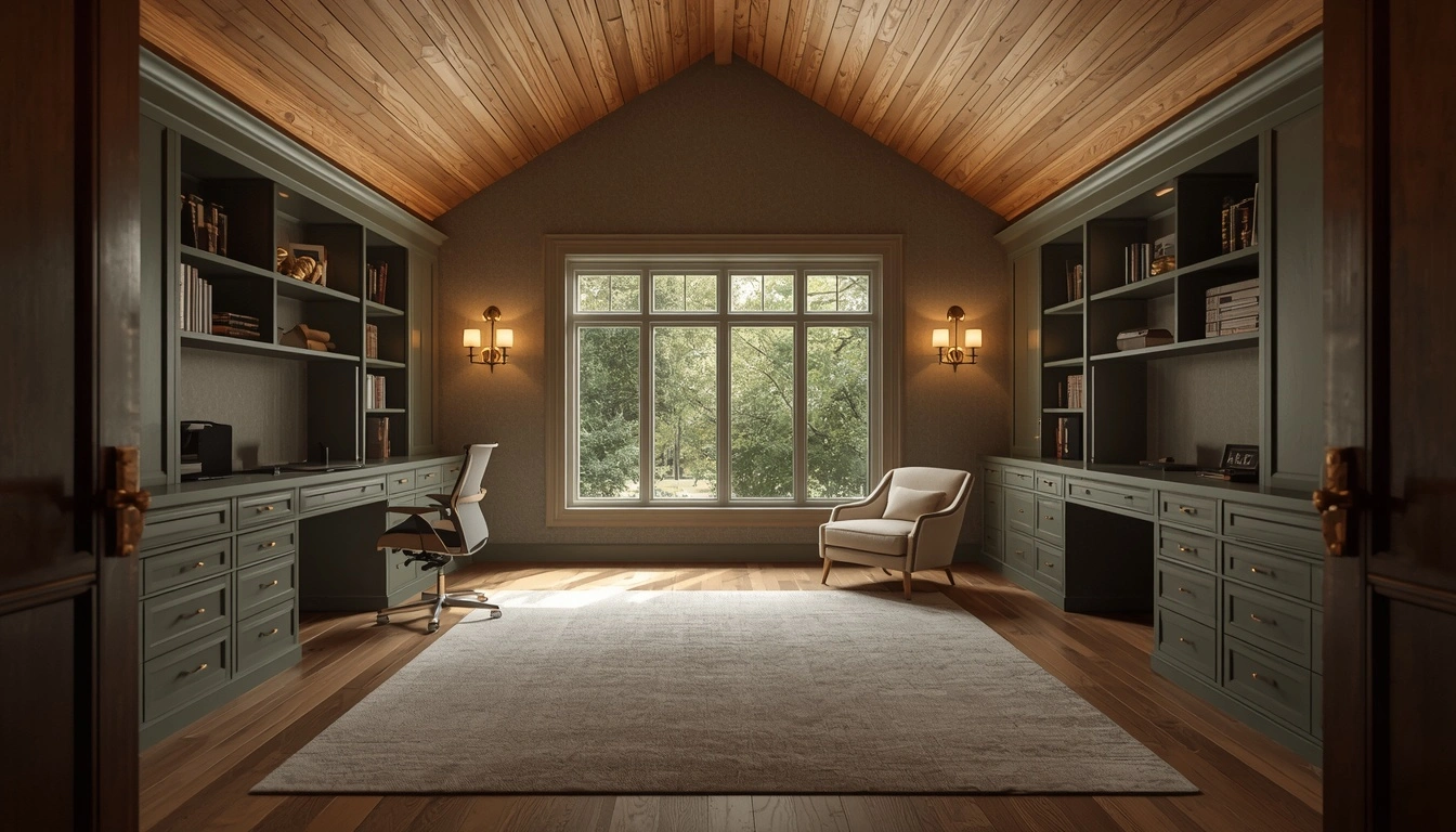 Home office with sage green built-in shelving and desks on both sides, a vaulted wood plank ceiling, a large multi-pane window with greenery outside, brass wall sconces, and a cream armchair on a neutral area rug.