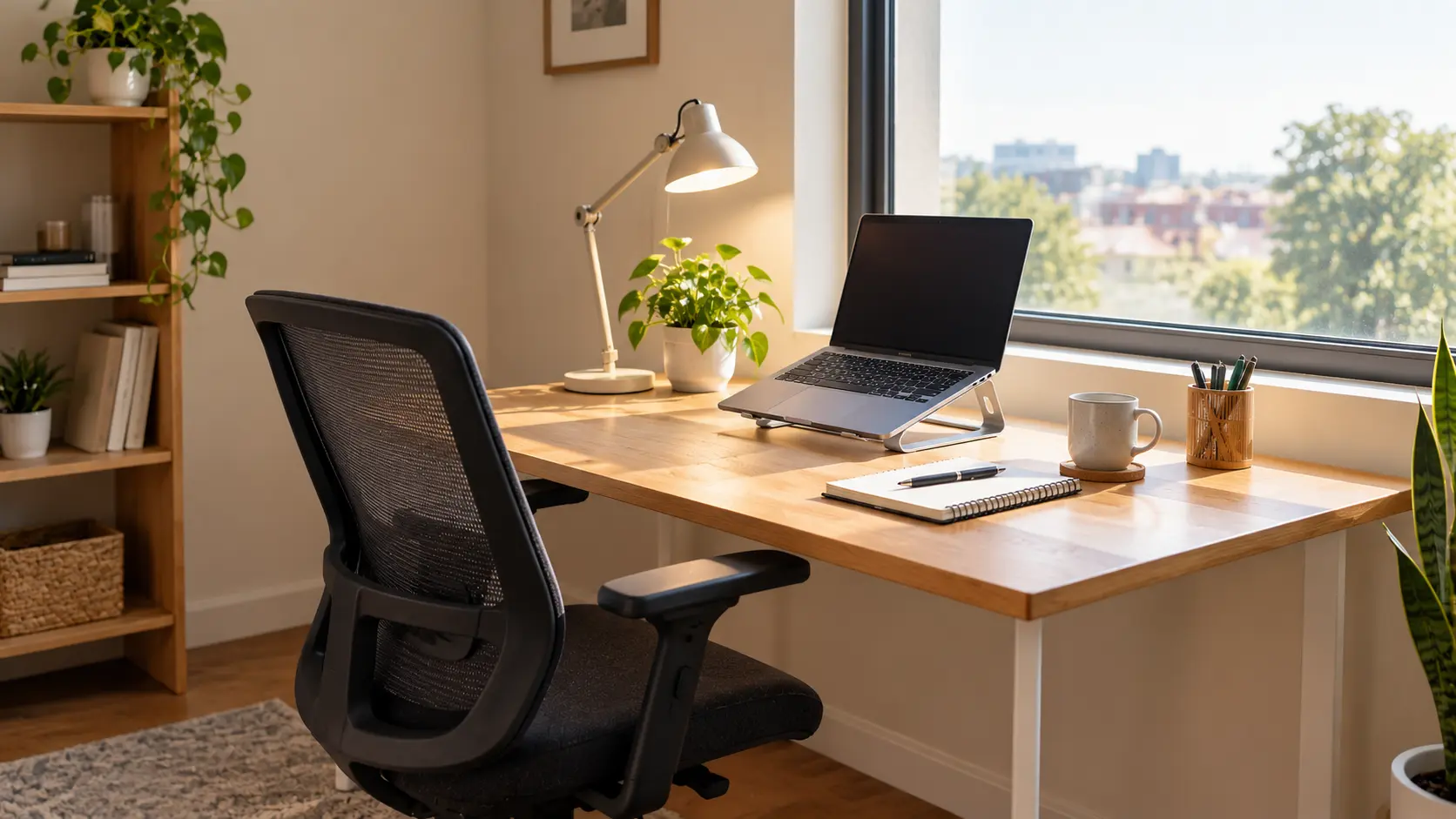 basic home office work setup with desk, chair, laptop and lamp