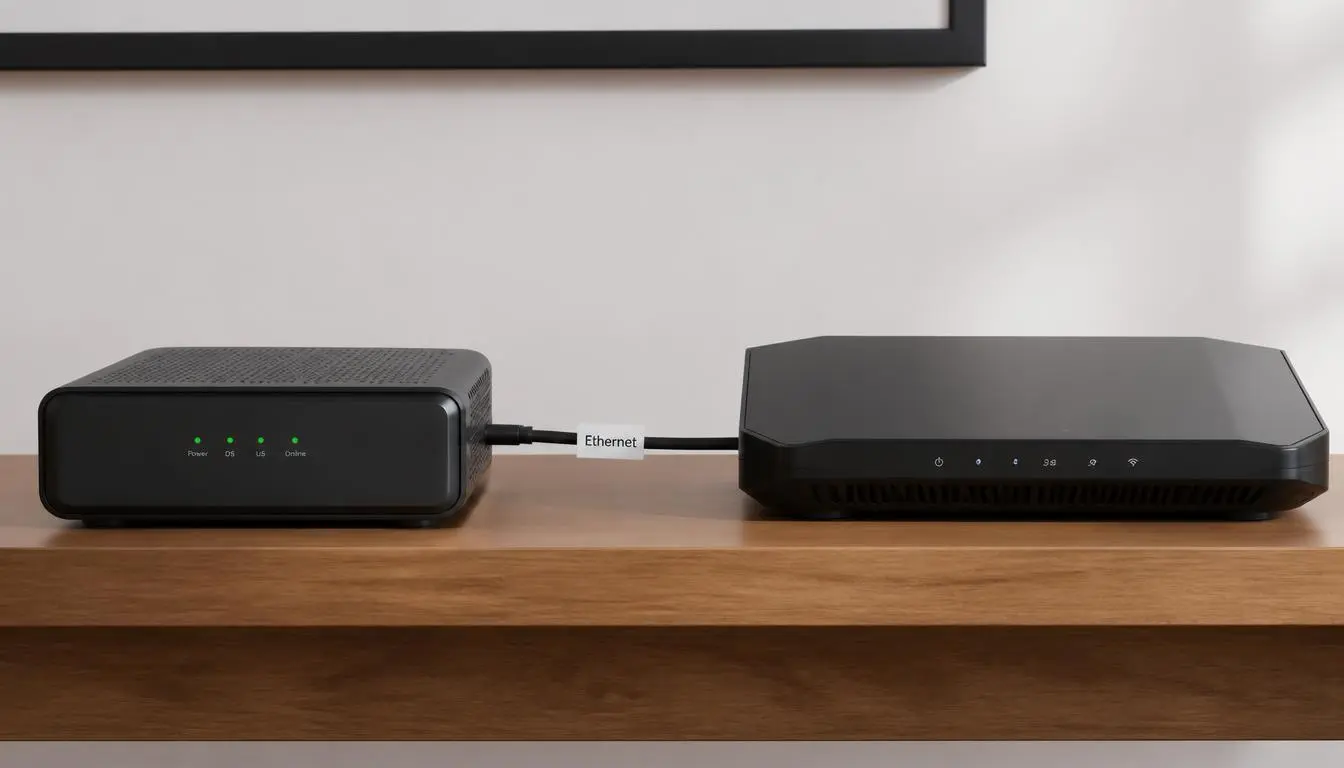 Black cable modem with four green status lights connected by an Ethernet cable to a flat black Wi-Fi router, both sitting on a wooden shelf beneath a framed picture on a white wall.