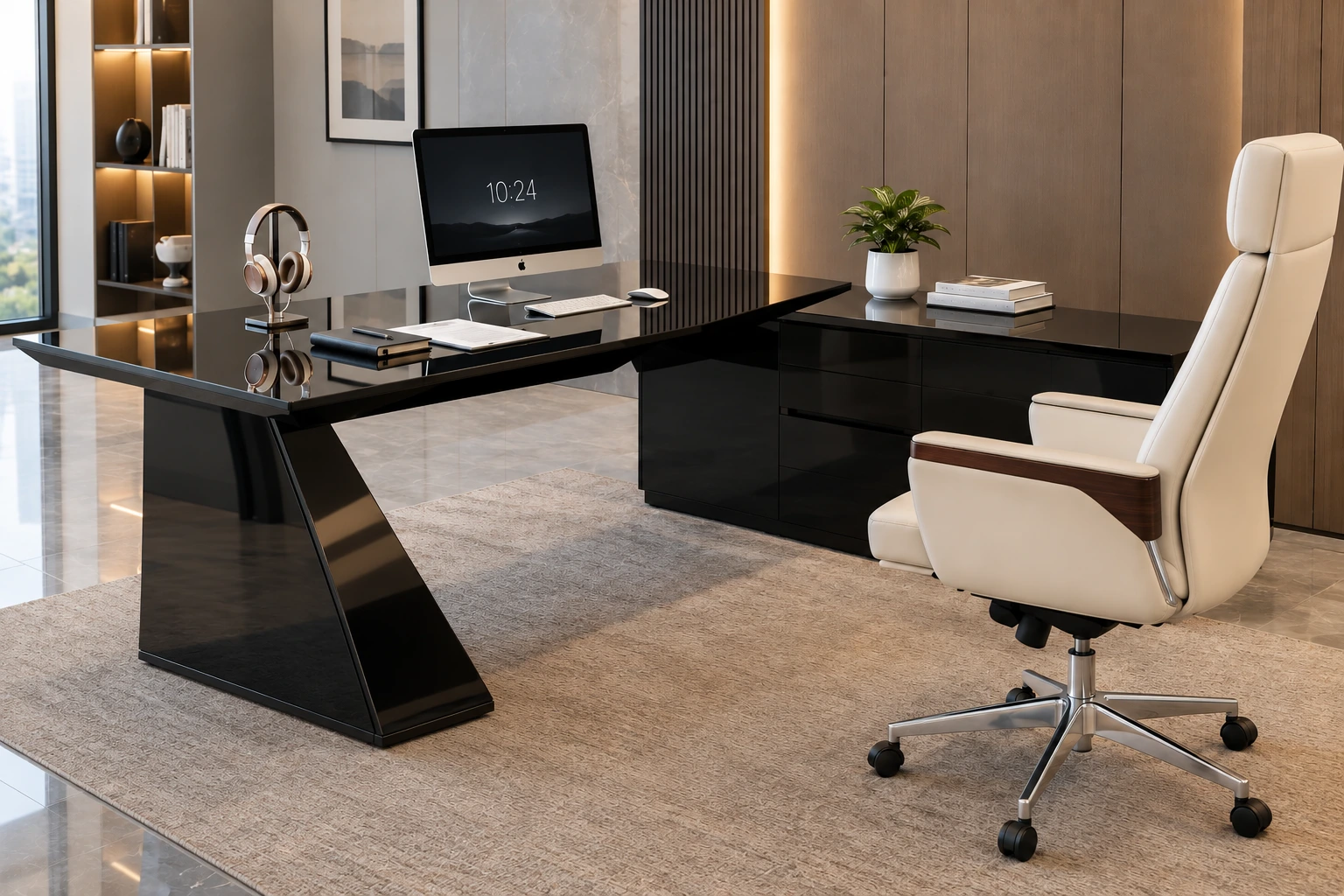 Modern executive home office with a glass desk on a triangular pedestal frame