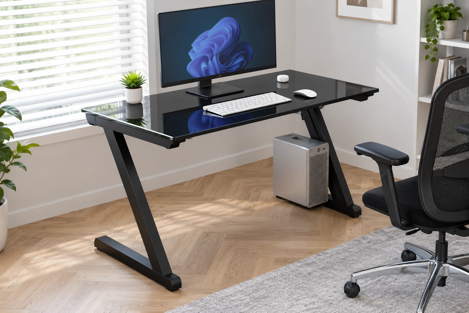 Modern minimalist glass desk workspace with clean lines and an open, uncluttered look