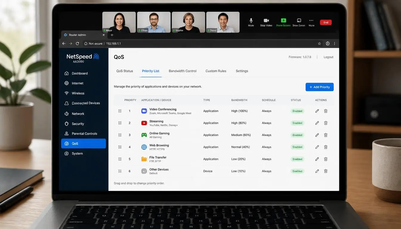 Laptop screen showing the QoS Priority List page of a NetSpeed AX3000 router admin panel, ranking applications from video conferencing to file transfer with bandwidth percentages, above a video call with four participants.
