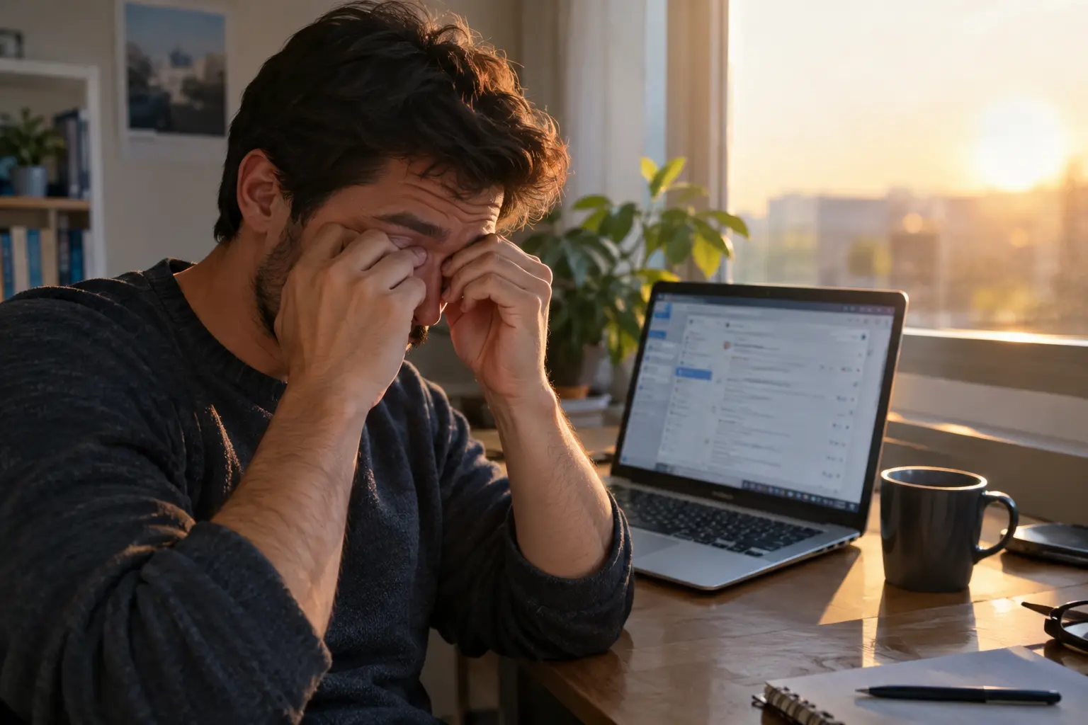 Remote worker rubbing tired eyes at a desk in the late afternoon, illustrating digital eye strain
