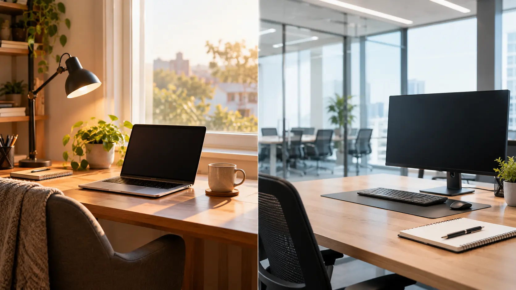 home and work setup comparing a home desk and an office desk
