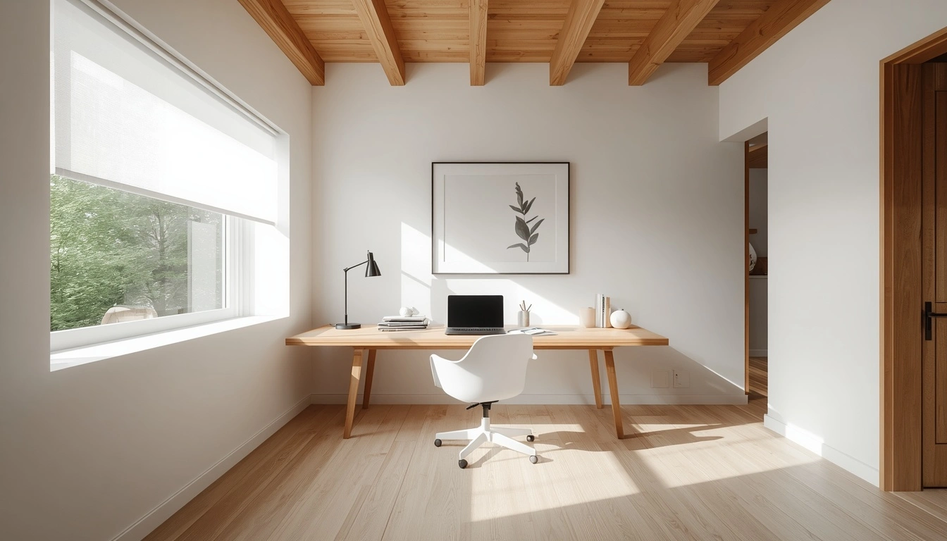 Warm modern home office with a comfortable desk setup, natural lighting and organized workspace