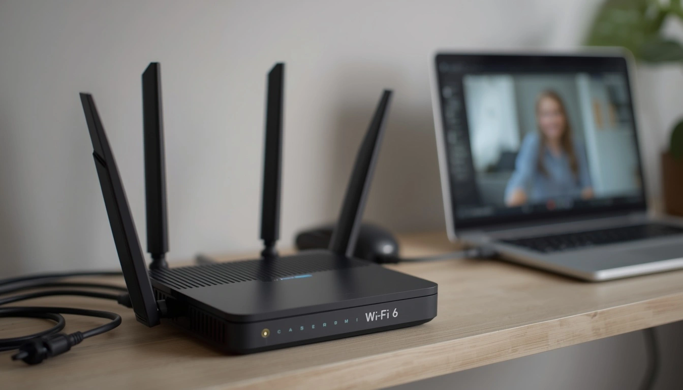 Black Wi-Fi 6 router with four antennas on a wooden desk next to an open laptop during a video call