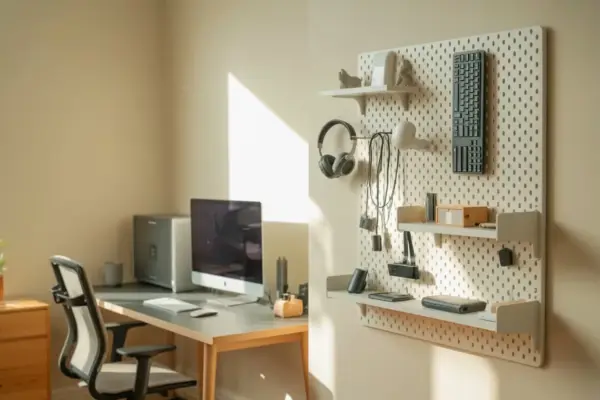 Minimalist home office with pegboard organizer, desk, and iMac