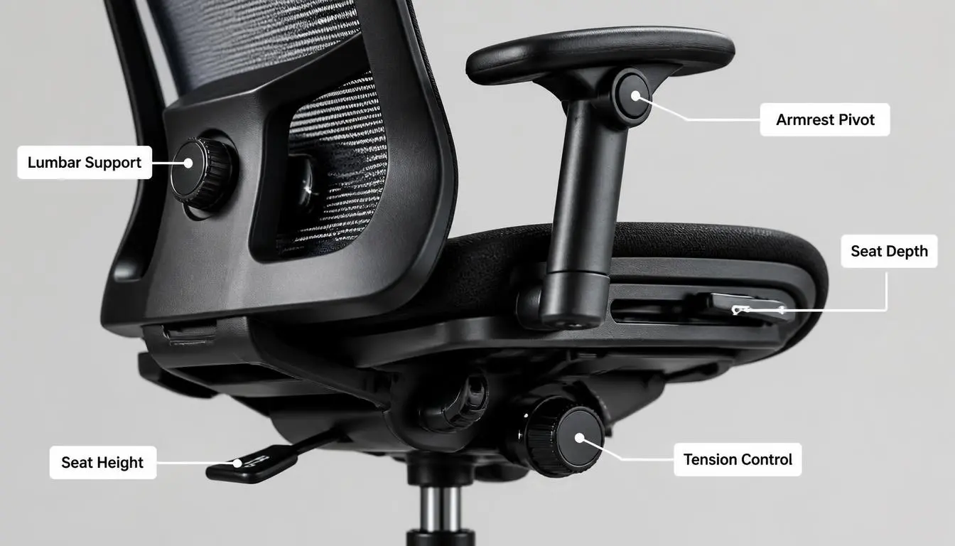 Ergonomic office chair showing adjustable seat depth, lumbar support, and armrests