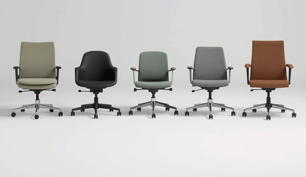 Lineup of ergonomic office chairs ranging from budget to premium, shown side by side
