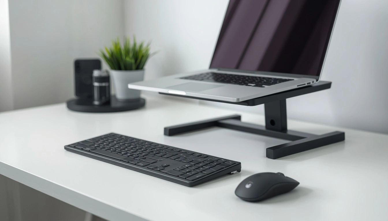Home office desk setup with wireless keyboard, mouse, and elevated laptop stand