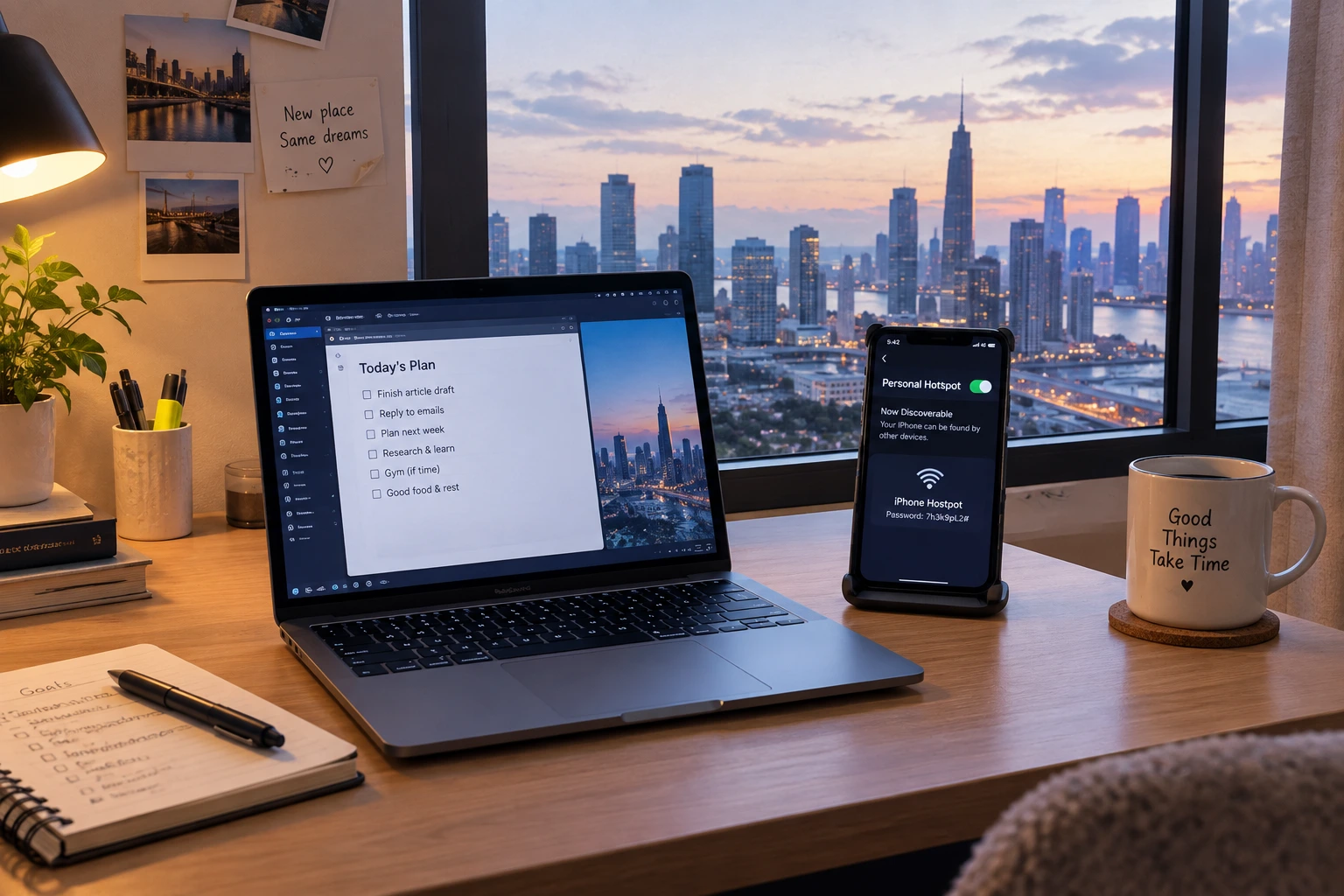 Remote worker's laptop set up at a rented apartment desk overlooking a foreign city, with a phone hotspot as backup connectivity
