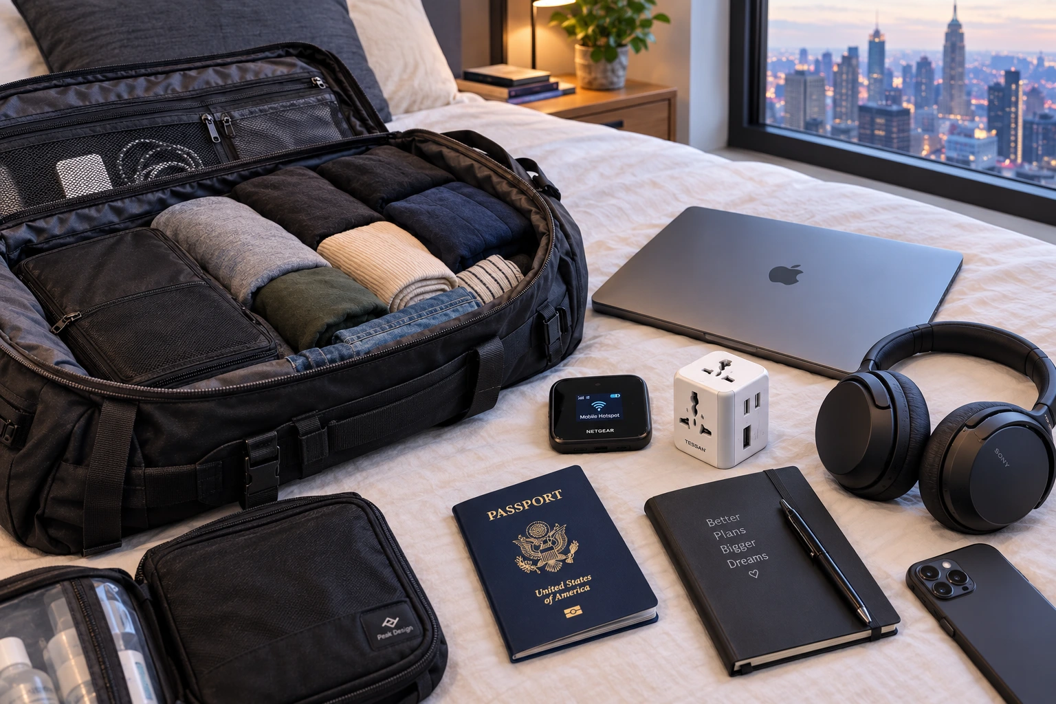 Open a black travel bag with neatly rolled clothes on a bed, beside a laptop, headphones, a phone, a portable Wi-Fi hotspot, a universal travel adapter, USA passport, and a journal reading "New places, Better me.