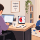 Illustration of a parent working at a laptop with a visual timer and "Focused Parent Happy Life" mug on the desk, while a child plays with building blocks on a star-patterned rug nearby, under a "Boundaries create a balanced home" wall sign.
