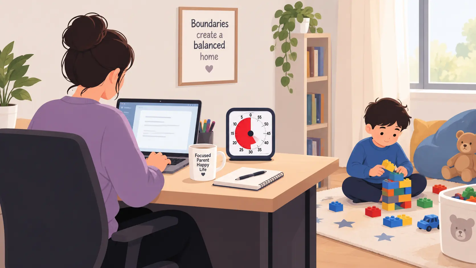 Illustration of a parent working at a laptop with a visual timer and "Focused Parent Happy Life" mug on the desk, while a child plays with building blocks on a star-patterned rug nearby, under a "Boundaries create a balanced home" wall sign.