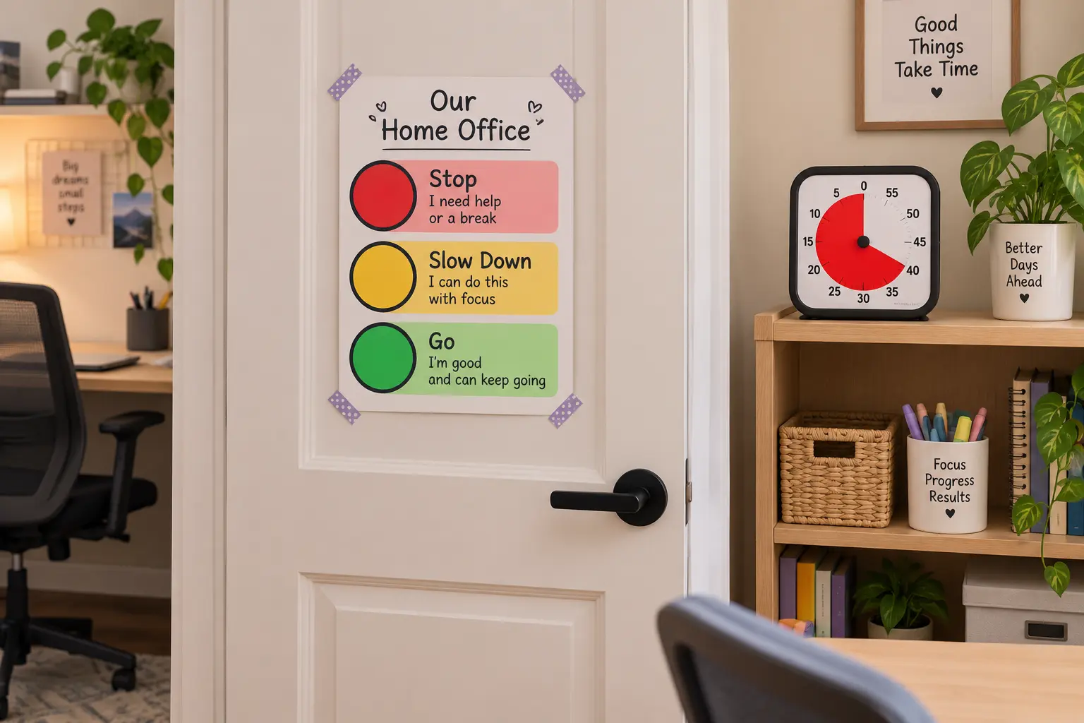 Traffic light boundary system card on a home office door used to signal work time to children