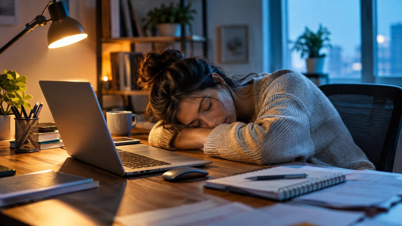 Woman asleep at her desk during the workday, illustrating burnout and exhaustion from working alone